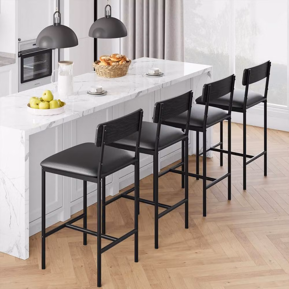 London Boutique Set of 4 Black Upholstered Counter Height Kitchen Bar Stools with Footrests – 5
