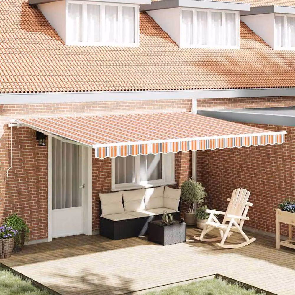 Berkfield Home Manual Retractable Folding Arm Awning in Multicolour Orange and Grey Stripe, W: 450 cm, D: 300 cm – 2