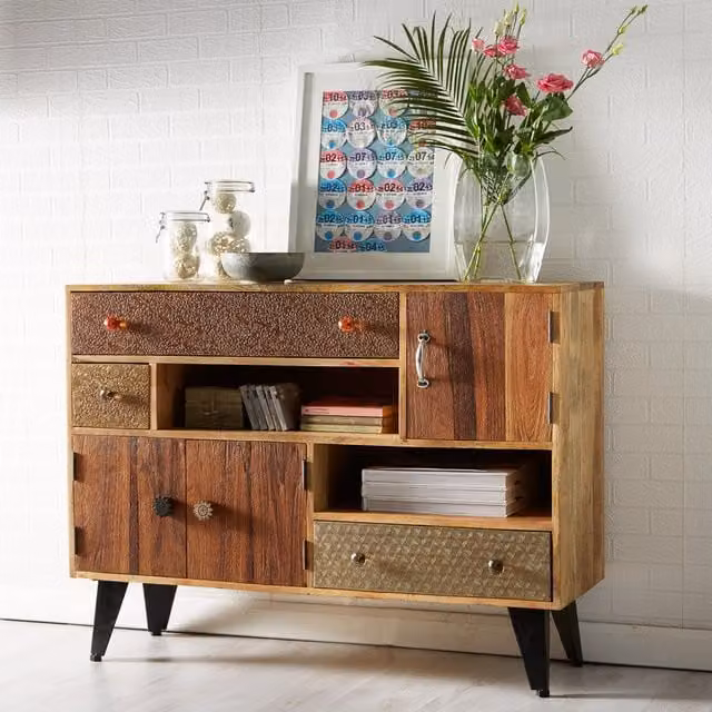 IH Design Rustic Artisan Reclaimed Wood 3 Door 3 Drawer Sideboard in Multicolour and Brown