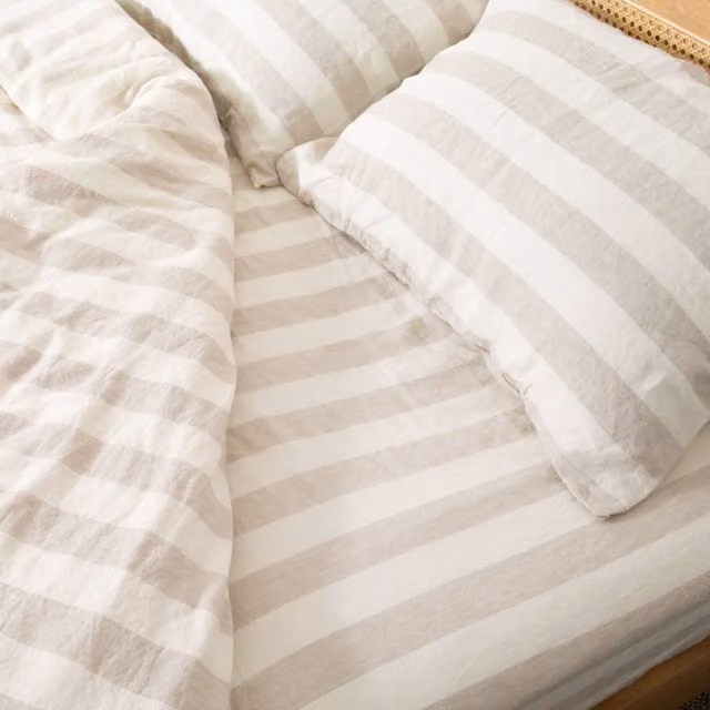 Native Natural Stripes Super King 100% Linen Fitted Sheet in White, W: 180 cm, D: 200 cm