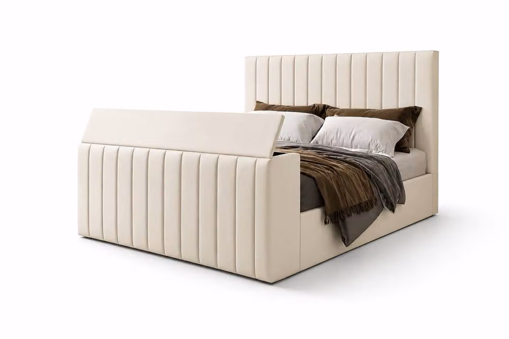 Soft Snooze Beds Premium Plush Velvet TV Bed Frame with Remote TV Lift in Beige, Single, W: 90 cm, D: 200 cm – 2