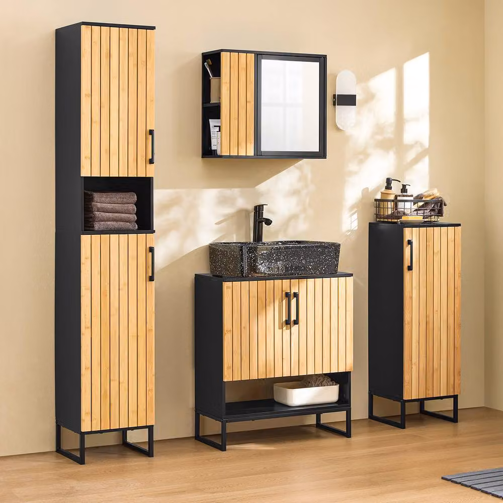 SoBuy Modern Under Sink Bathroom Cabinet with Natural Bamboo Hinged Doors and Black Metal Frame – 6