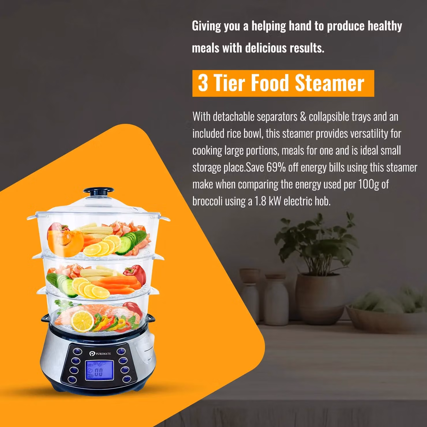 PureMate NaturoPure 3 Tier Electric Food Steamer in Silver, 11.5L Capacity with 800W Power, 6 Preset Cooking Modes and Digital Timer – 3