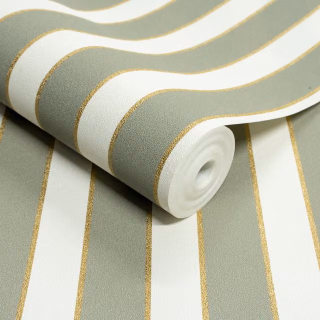 Grandeco Abstract Striped Classic Wallpaper in Green and Gold