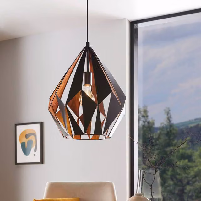 Eglo Carlton Modern Geometric Suspended Pendant Light in Black and Copper