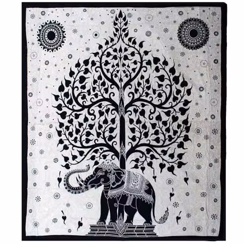 KDMD Double Cotton Bedspread and Wall Hanging Set with Mono Elephant Tree Design in Black