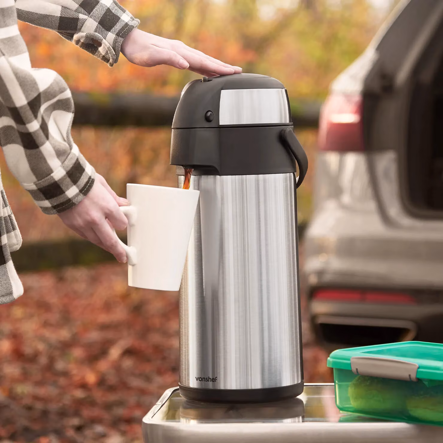 VonShef 3L Stainless Steel Double-Wall Insulated Vacuum Airpot Coffee and Tea Dispenser in Silver with Safety Lock and Carry Handle – 5