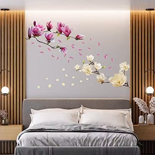 WALPLUS Pink and White Magnolia Flower Wall Sticker Mural, Removable Self-Adhesive Vinyl Decals, W: 42 cm, H: 107 cm, D: 0.02 cm