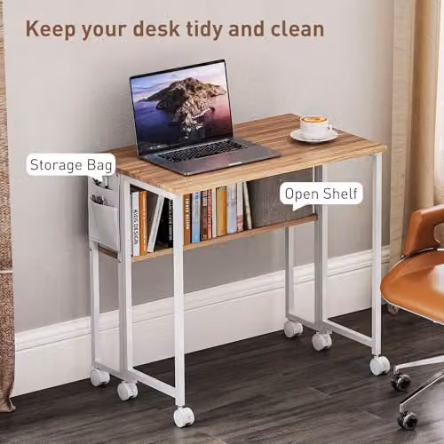 HOMCOM Folding Writing Desk with Storage Shelf and Bag in Brown Natural Wood Finish – 3