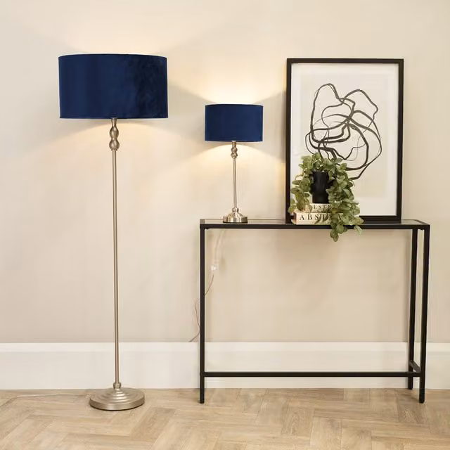 ValueLights Maggie Modern Floor Lamp with Blue Fabric Cylinder Shade in Brushed Chrome