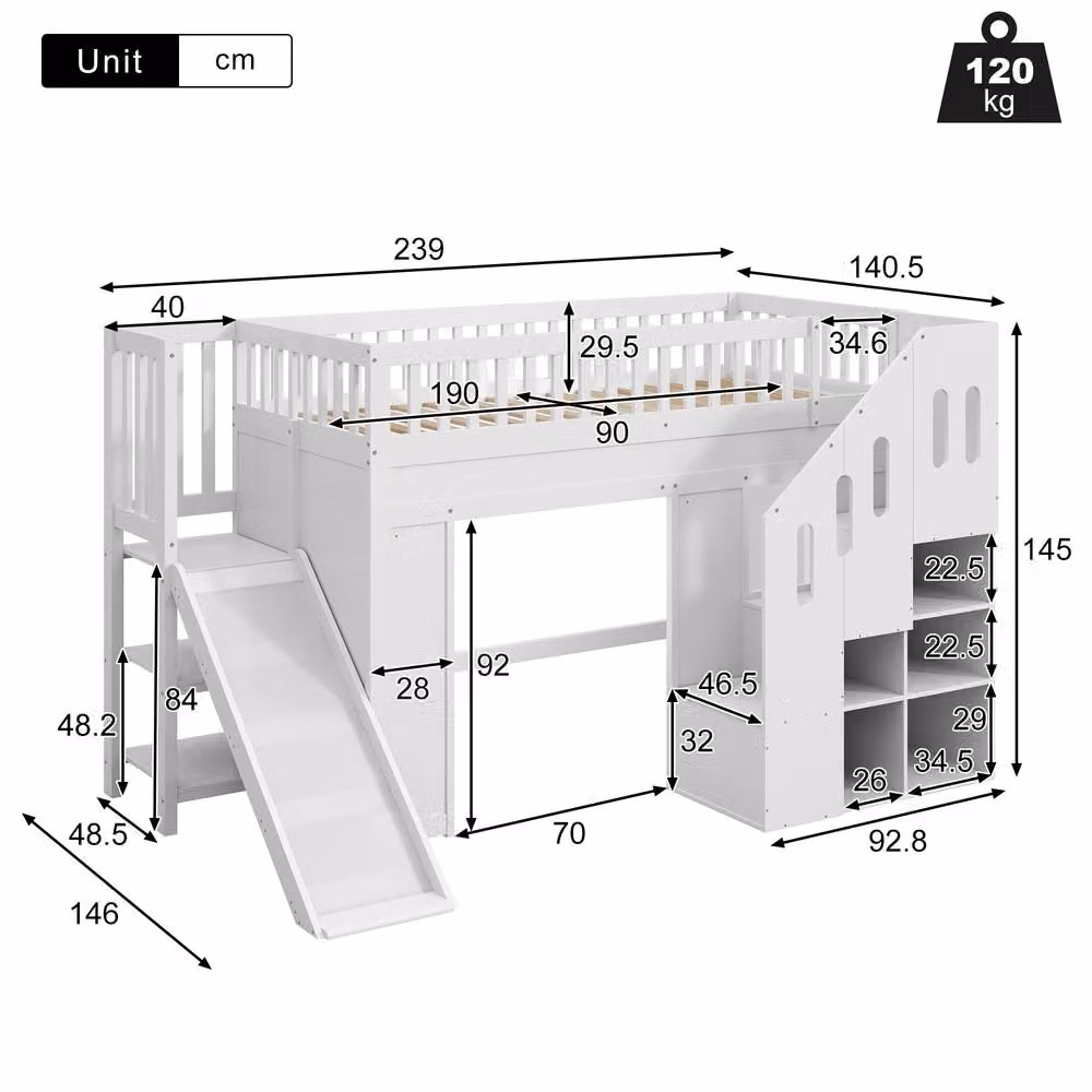 STILVORA White Single Elevated Bed Frame with Storage Stairs and Side Compartments, W/D/H: 90 x 190 cm – 2