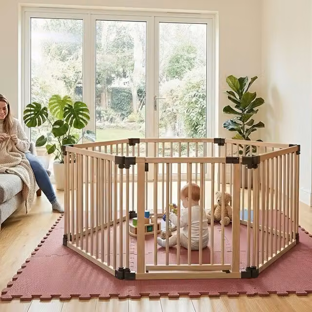 Safetots Hexagonal Wooden Play Den with Soft Foam Play Mat, Dusty Blue and Natural, W/D/H: 180 x 150 x 80 cm