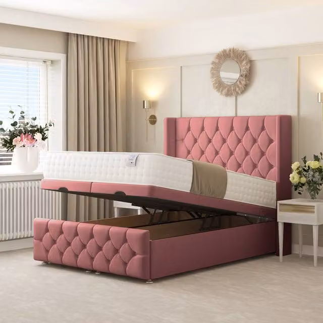 Bed Choices Deluxe Ottoman Upholstered Divan Bed with 54 inch Headboard in Pink Velvet, W/D/H: 200 x 200 cm