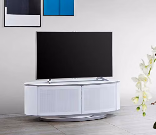 MDA Designs LUNA Gloss White Oval TV Cabinet with White Profiles and BeamThru Glass Doors, W/D/H: 115 x 47 x 41 cm – 3