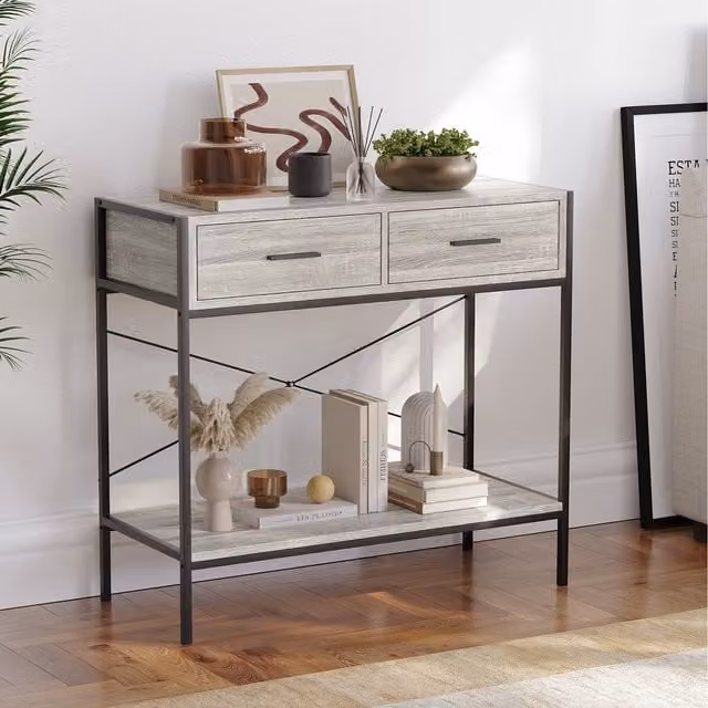 Vida Designs Brooklyn 2 Drawer Console Table in Grey and Black Industrial Style