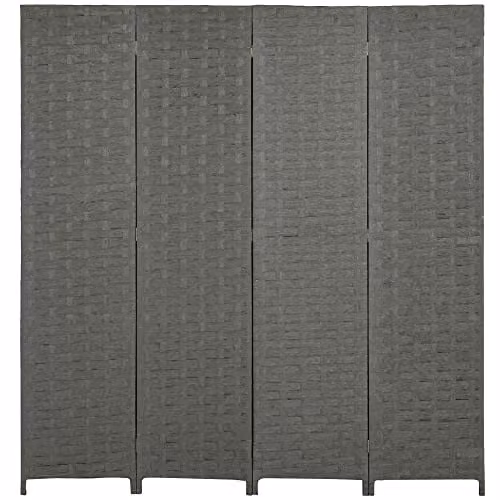 HOMCOM 4-Panel Folding Room Divider Privacy Screen in Grey with Rattan and Wood Design, H: 169.5 cm – 1