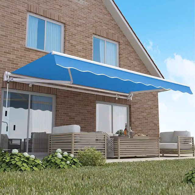 Primrose Manual Retractable Folding Arm Awning with White Aluminium Frame, Blue and White, W: 350 cm, D: 250 cm