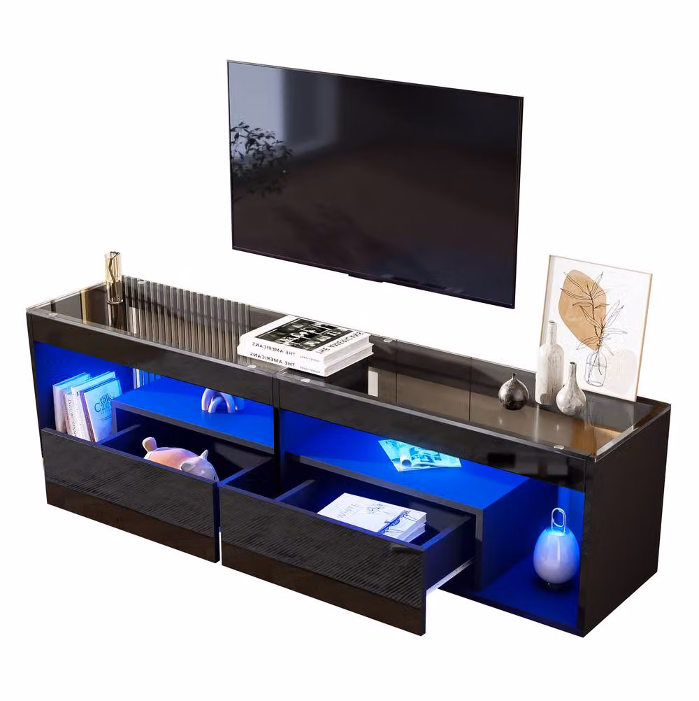 STILVORA Modern Black Glossy TV Stand with Glass Top and 2 Drawers, W/D/H: 180 x 40 x 46 cm – 4