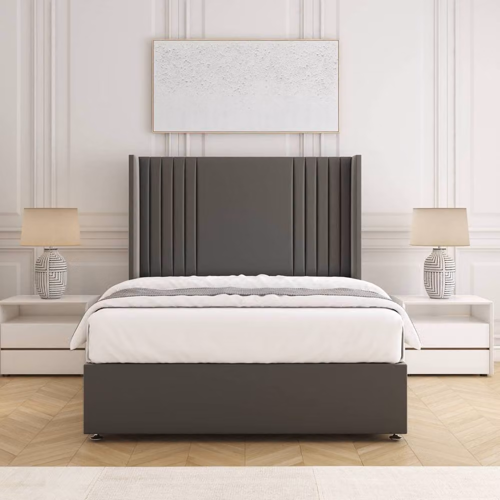 BSSPOKE Cheshire Double Divan Bed with 54 inch Plush Headboard, 2 Drawers, Footend and Mattress in Grey Velvet Fabric, W/D/H: 140 x 200 cm