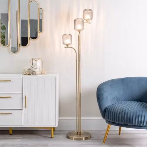 ValueLights Gold 3 Arm Free Standing Floor Lamp with Smoked Ribbed Glass Shades and Bulb Included – 2