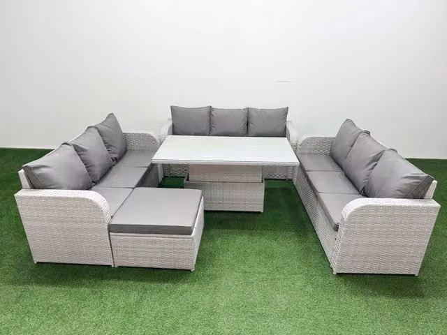 Fimous 10 Seater Grey PE Rattan Garden Furniture Set with 3 Seater Sofa, Ottoman and Adjustable Lifting Dining or Coffee Table