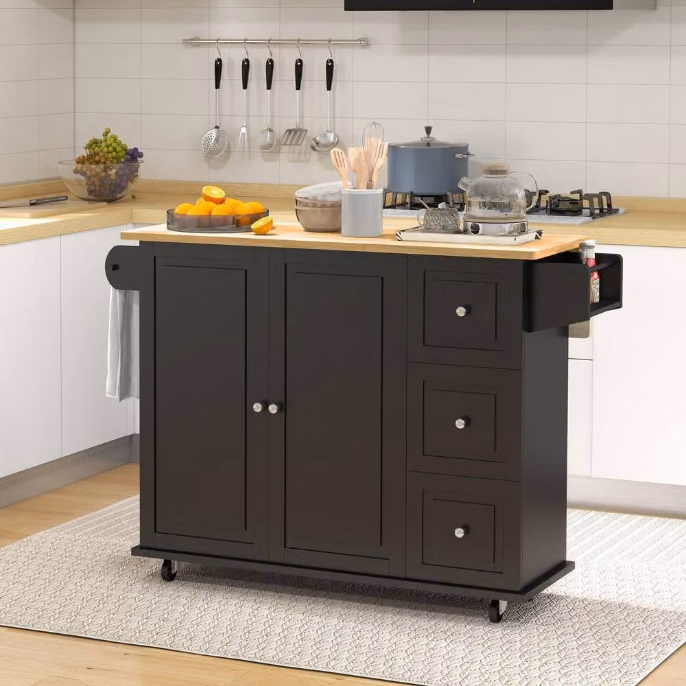 STILVORA Modern Kitchen Trolley with 3 Drawers and Extendable Top in Matt Black – 3