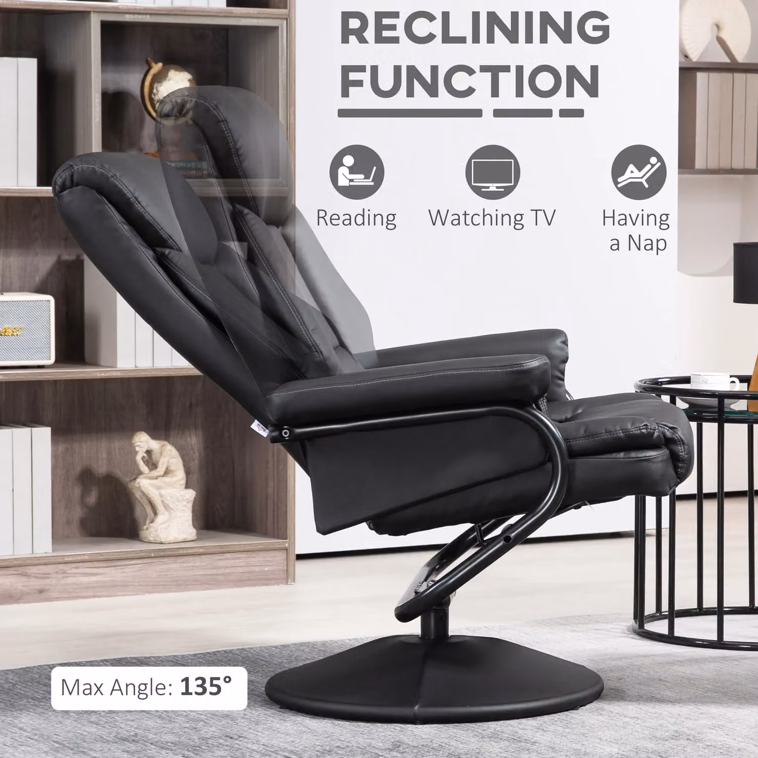 HOMCOM PU Leather Swivel Recliner Armchair with Ottoman, Black – 4