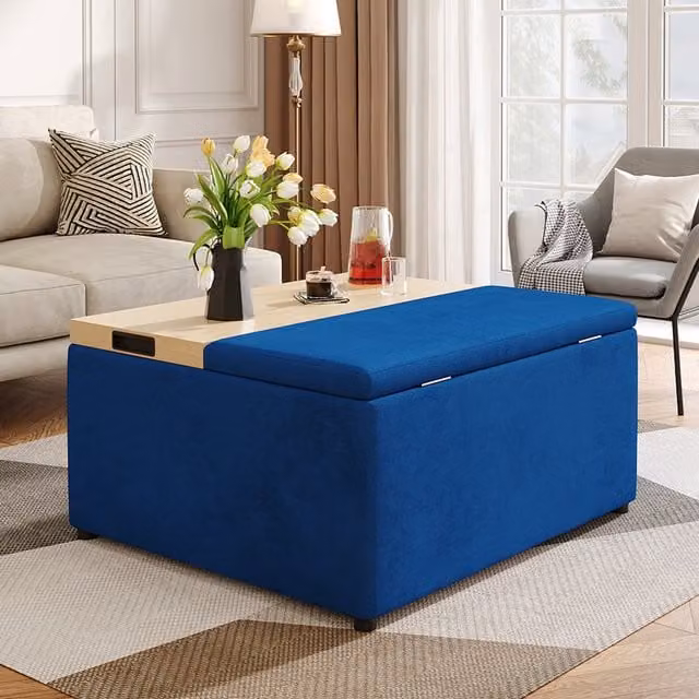 Komore Rectangular Blue Velvet Upholstered Storage Ottoman