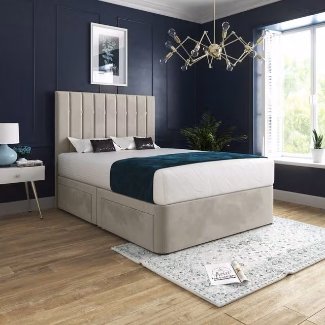 KDMD Enrico Modern Upholstered Velvet Bed Frame in Cream, W/D/H: 200 x 200 cm