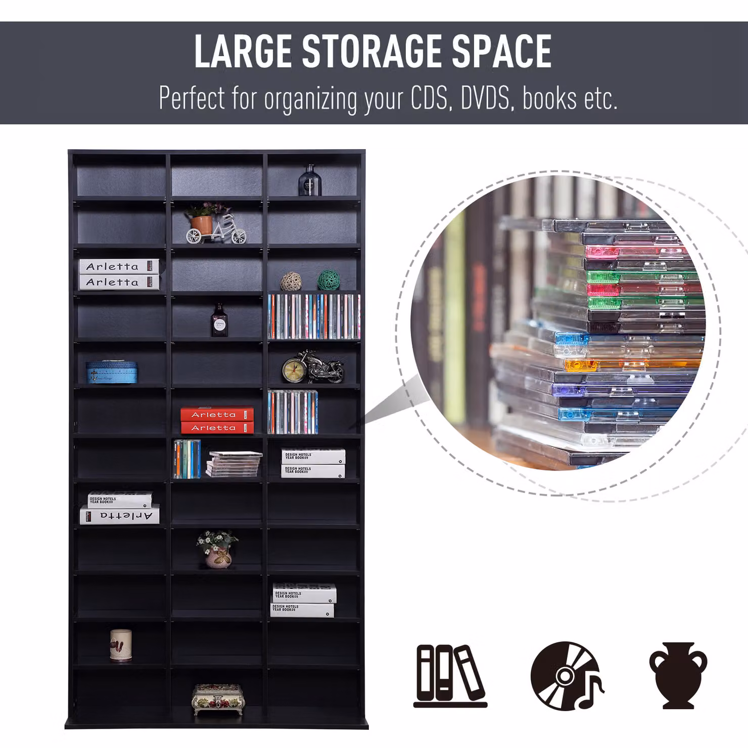 HOMCOM Black CD and DVD Storage Unit with Adjustable Shelves and Media Compartments, W/D/H: 102 x 24 x 195 cm – 7