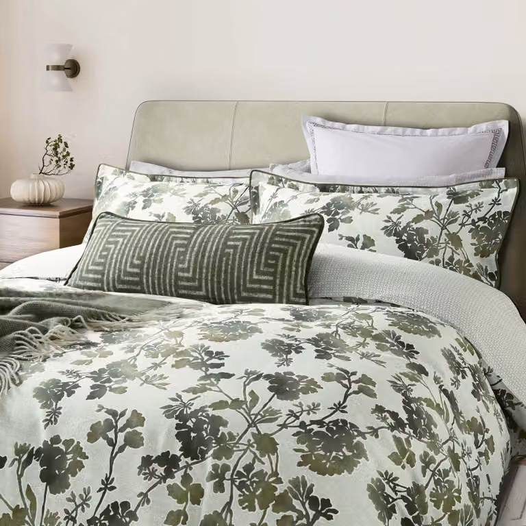 Bedeck of Belfast Yoko Pair of Square Oxford Pillowcases, Green Cotton Mako Satin Floral