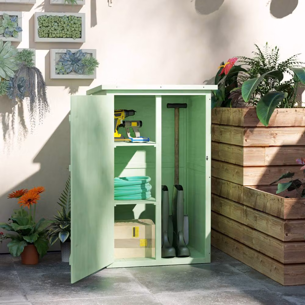 STILVORA Green Wooden Garden Storage Shed with Shelving and Double Doors, W/D/H: 75 x 56 x 115 cm – 3