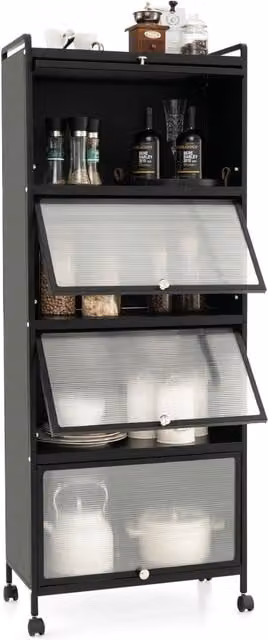 COSTWAY Modern Black Metal Kitchen Storage Cabinet with Roll Shutter Doors – 1