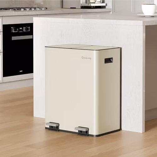 CozyLiving Premium Stainless Steel Dual Compartment Pedal Bin with Soft-Close Lid and Removable Inner Buckets, Beige, 30L+30L – 2