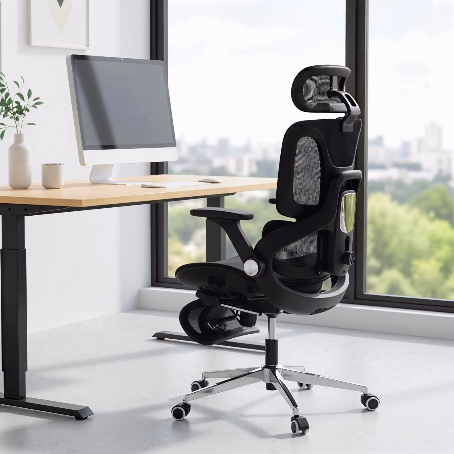 HOMCOM Ergonomic Black Fabric Office Chair with Headrest and Armrests – 2