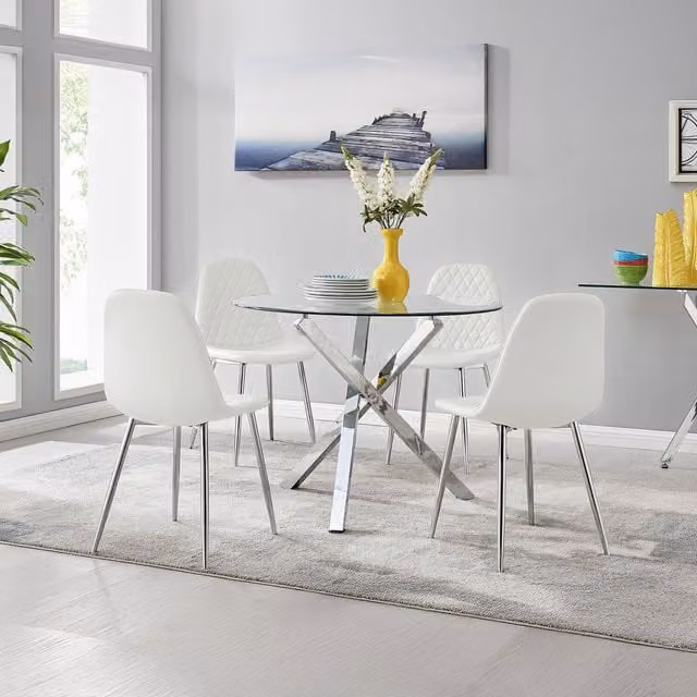 FurnitureboxUK Selina Chrome Round Glass Dining Table and 4 Corona Silver Chairs in White