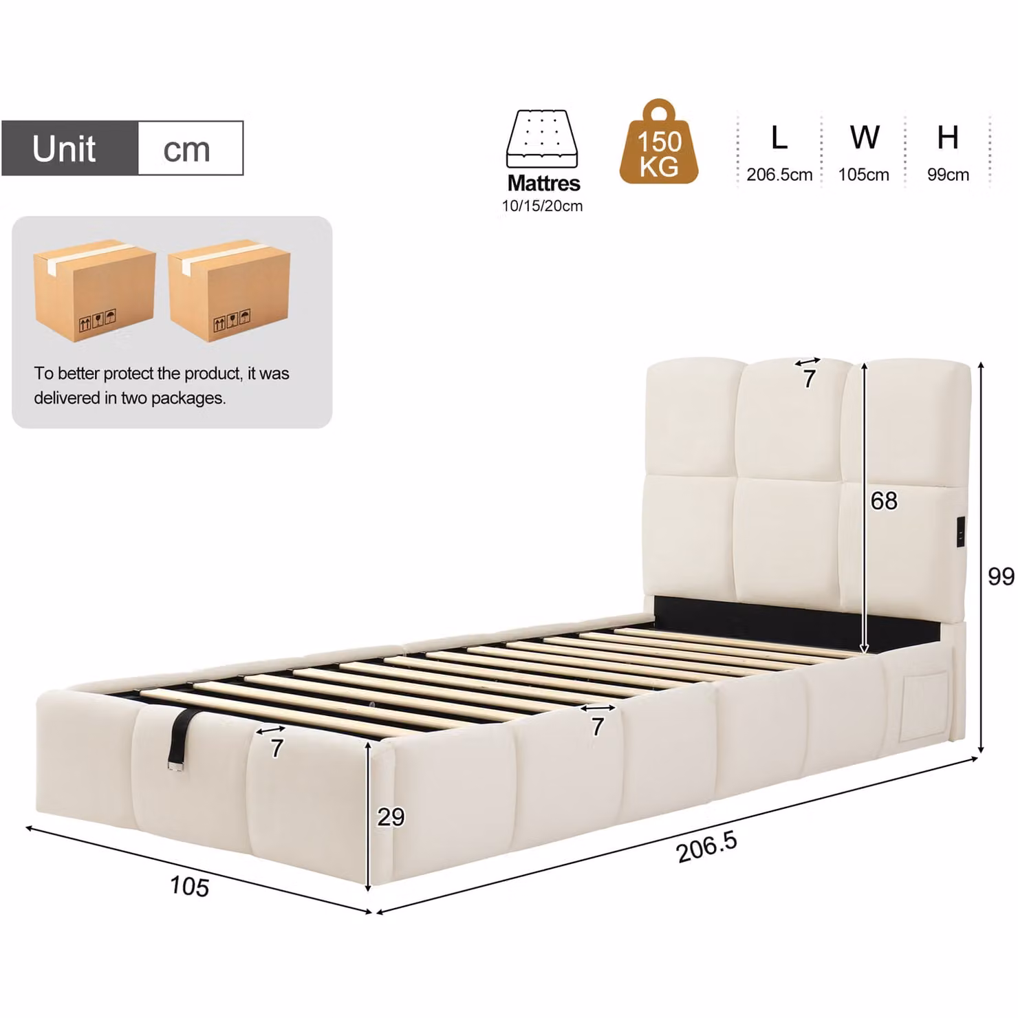 AKA Single Upholstered Hydraulic Bed with Headboard, USB Charging Port and Large Storage Space, Beige/White, W/D/H: 90 x 200 cm – 2