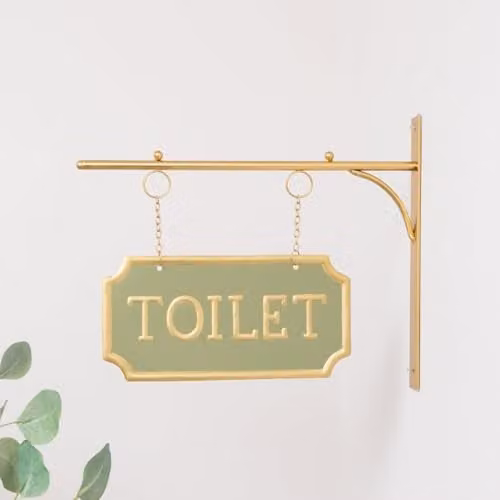 Melody Maison Vintage Gold and Green Metal Rectangular Wall Plaque Toilet Sign W/H: 48 x 37 cm