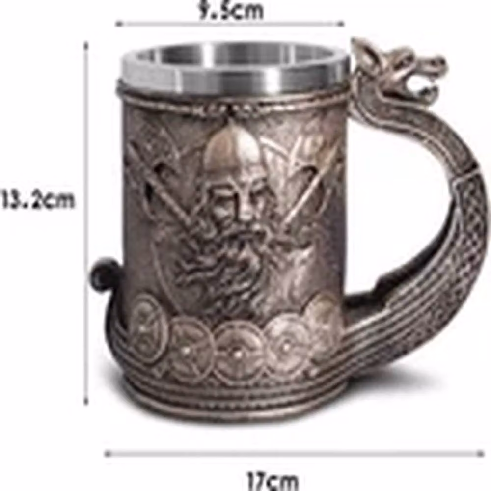 EONLION Stainless Steel Viking Thor Mjolnir Skull Tankard Cup, Brown and Grey, 550ml – 2