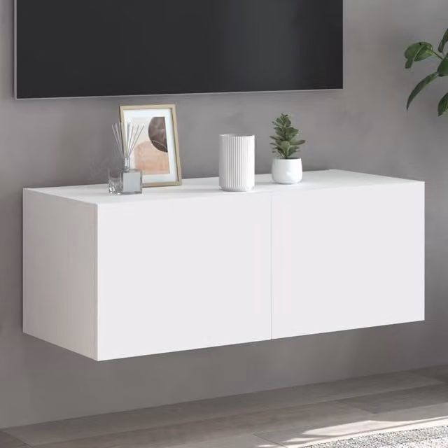 Berkfield Home Modern White Wall Mounted TV Cabinet with Integrated LED Lighting W/D/H: 80 x 35 x 31 cm