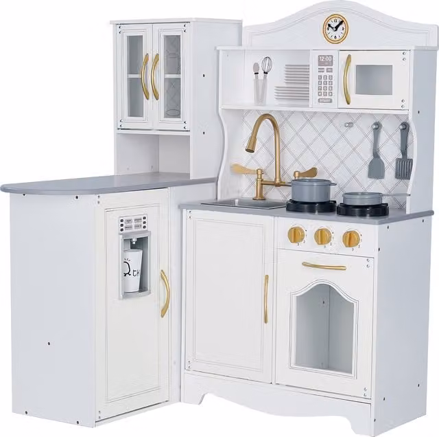 Teamson Kids Little Chef Upper East Retro Play Kitchen with Effects, White and Gold