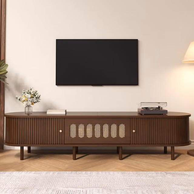 Aosom UK Oval TV Unit with Rattan-Effect Hinged Door and 5 Enclosed Compartments, Walnut Brown, W: 180 cm, D: 40 cm, H: 40 cm