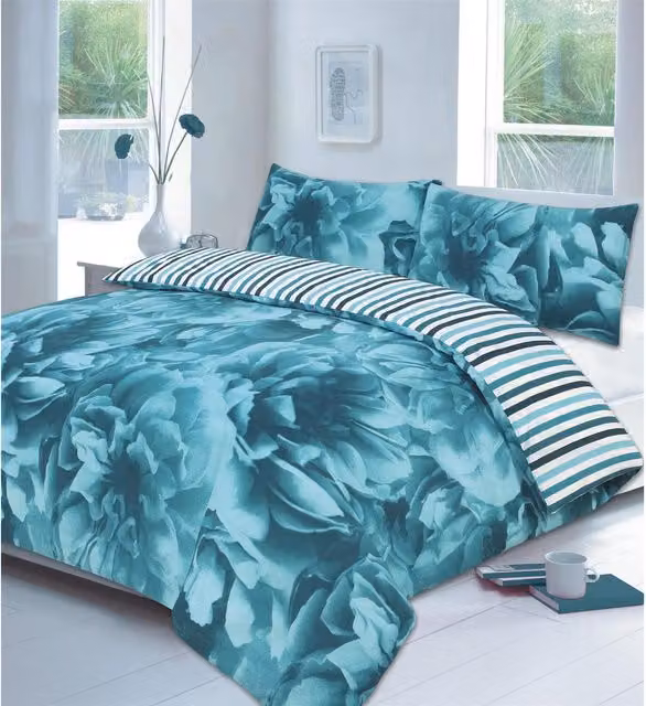 HomeSpace Direct Reversible Floral Duvet Cover Set in Blue and Turquoise, W/D/H: 180 x 200 cm