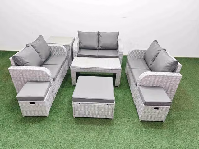 Fimous 9 Seater PE Wicker Rattan Garden Furniture Set in Light Grey with Oblong Coffee Table, 2 Seater Sofa and 3 Ottomans