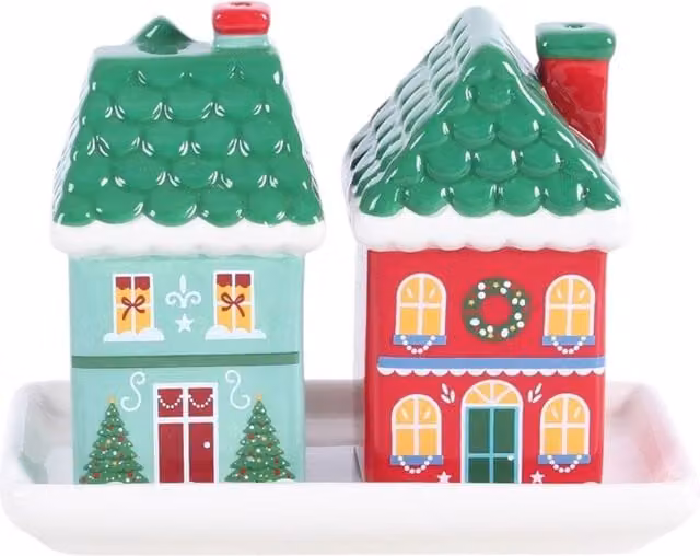 Kingsbury Gifts Set of 2 Multicolour Ceramic Christmas House Salt and Pepper Shakers with Stand