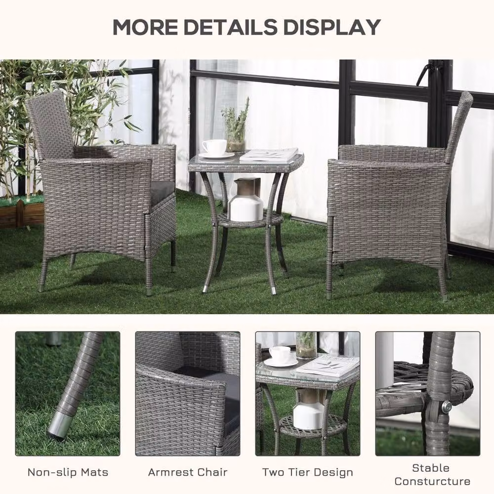 ERGOVEXA 3 Piece Rattan Bistro Set with Washable Cushions in Light Grey – 6