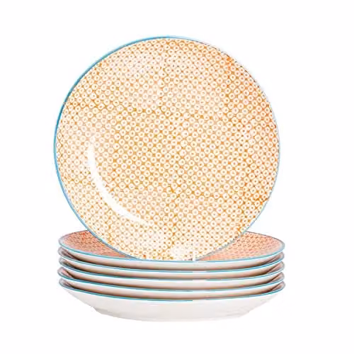 Nicola Spring Hand-Printed Floral Porcelain Dinner Plates, Pack of 6, Diameter: 25.5 cm, Orange