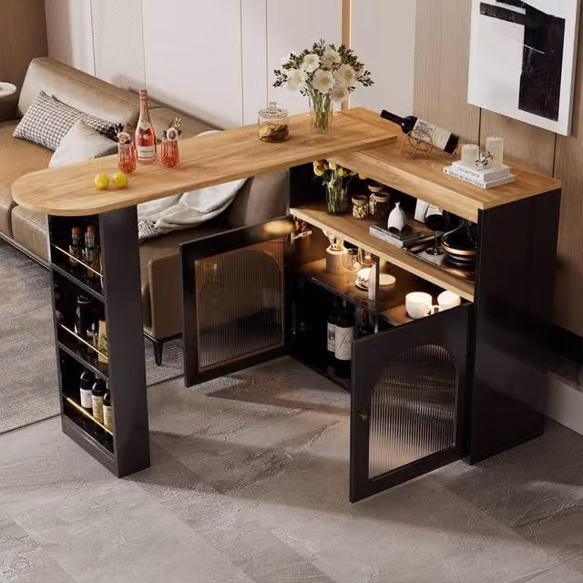 Merax Rotating Breakfast Bar Table with LED Light and Storage in Black – 1