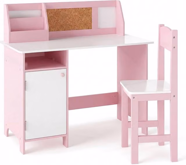 CASART Pink Wooden Kids Desk and Chair Set with Storage Cabinet and Pine Wood Study Table