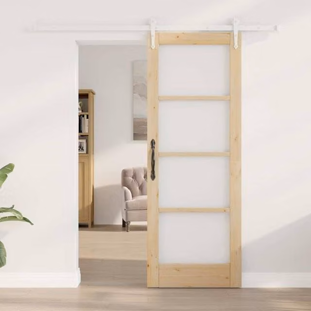 Berkfield Home Solid Wood Pine Sliding Door with Hardware Set, Beige, W: 73.5 cm, H: 198.5 cm